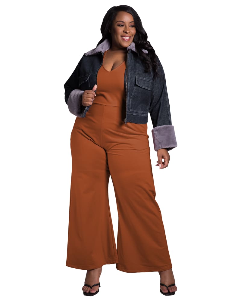Front of a model wearing a size L Bentley Sleeveless Wide Leg Jumpsuit in Paprika by Poetic Justice. | dia_product_style_image_id:275429